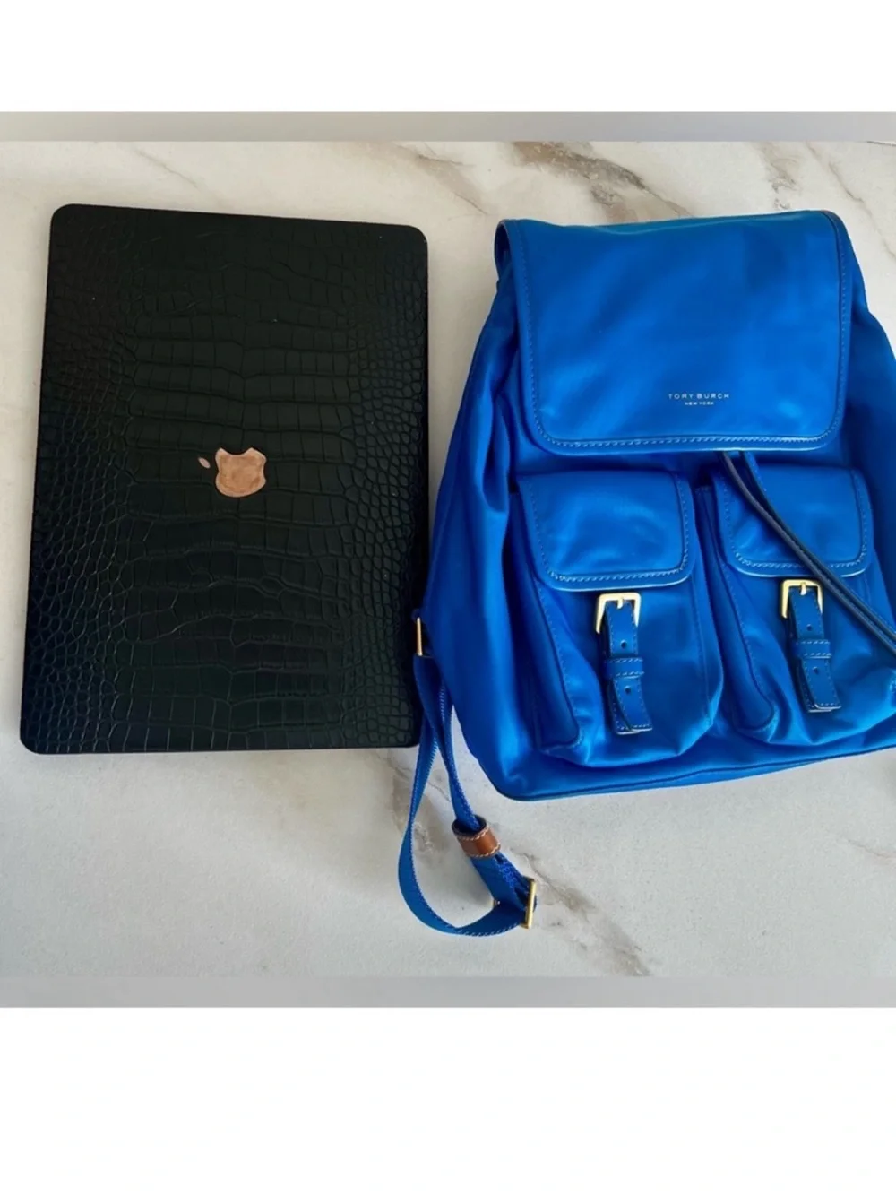 Tory Burch Perry Blue Nylon Backpack Leather Trim Gold Hardware NWOT